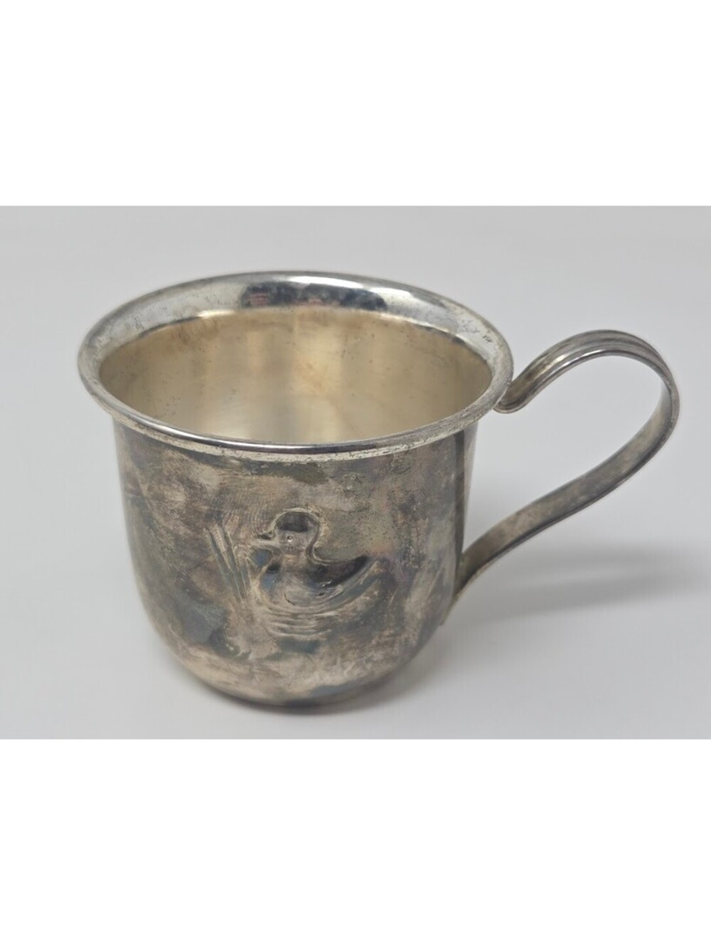 Vintage Silver Tone Metal Cup Mug Embossed Duck Design Handle Drinkware